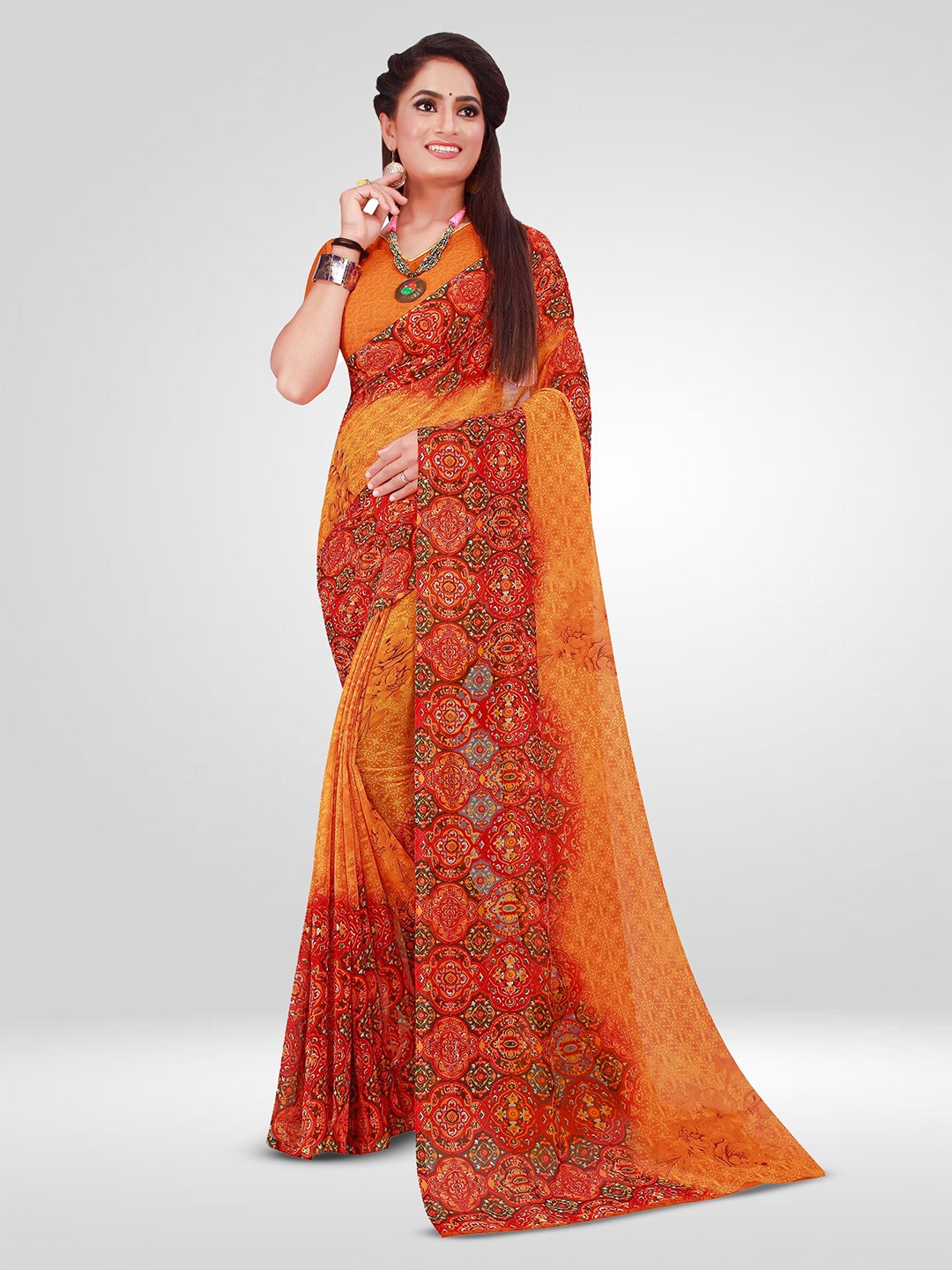 

N N ENTERPRISE Ethnic Motifs Printed Pure Georgette Saree, Yellow