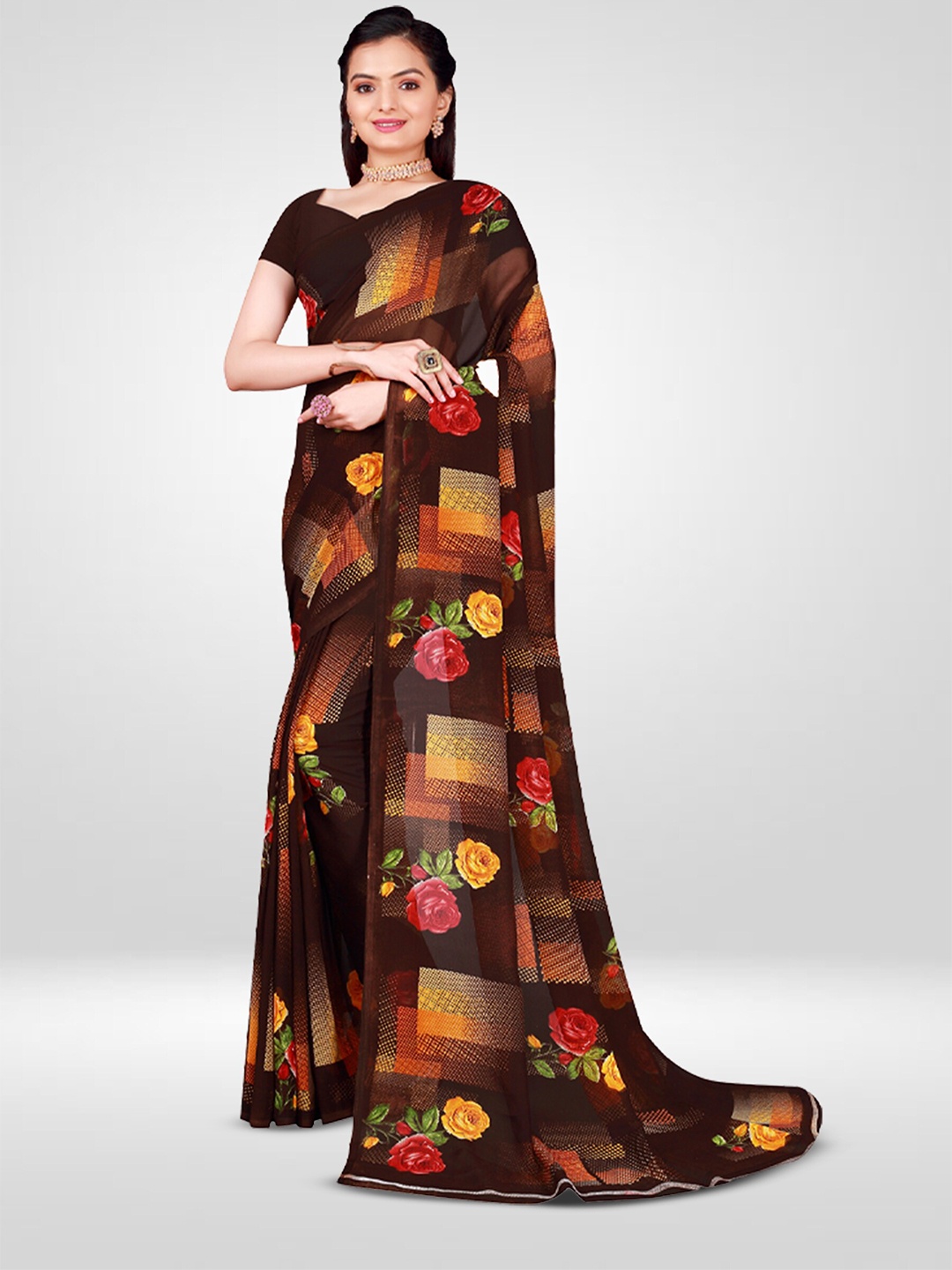 

N N ENTERPRISE Floral Printed Pure Georgette Saree, Brown