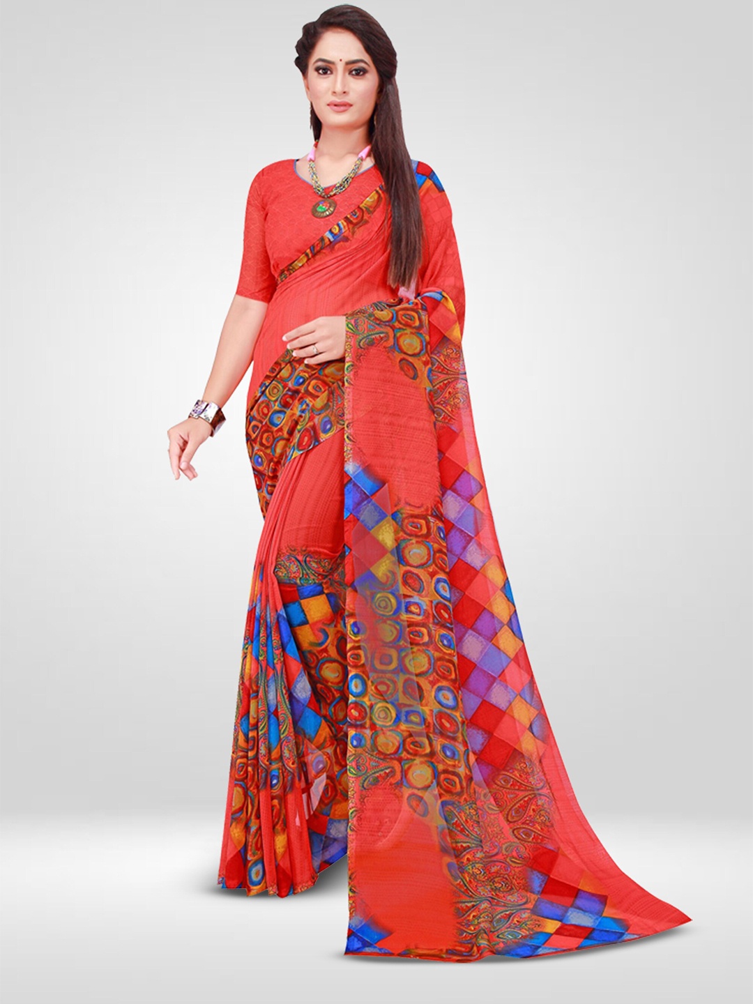

N N ENTERPRISE Geometric Printed Pure Georgette Saree, Orange