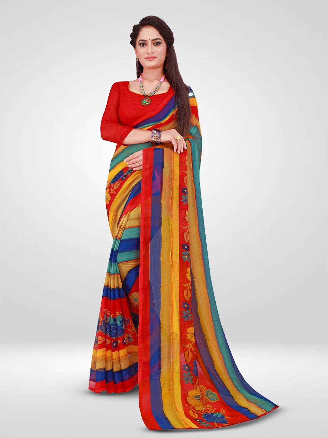 

N N ENTERPRISE Striped Pure Georgette Saree, Red