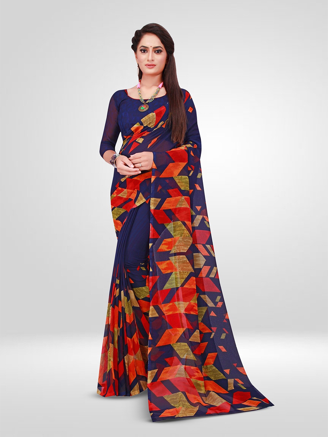 

N N ENTERPRISE Geometric Printed Ikat Saree, Navy blue