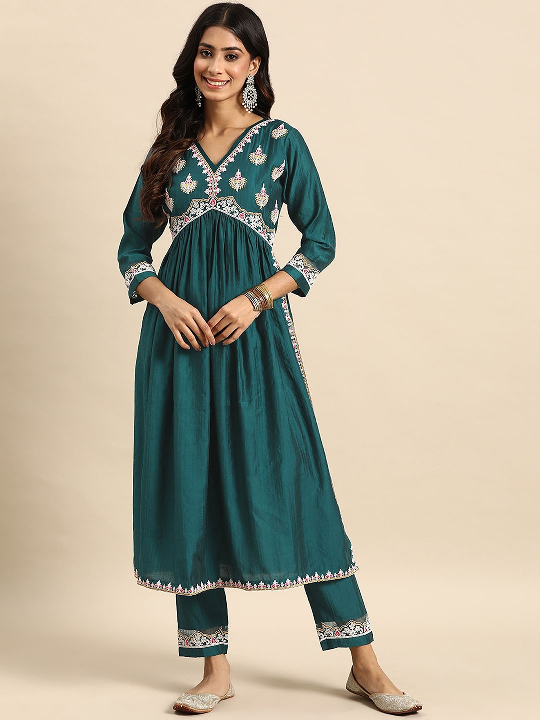 

Sangria Ethnic Motifs Embroidered A-Line Kurta With Trouser, Teal