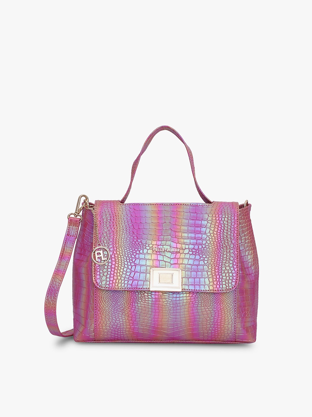 

PELLE LUXUR Textured PU Structured Satchel Bag, Pink