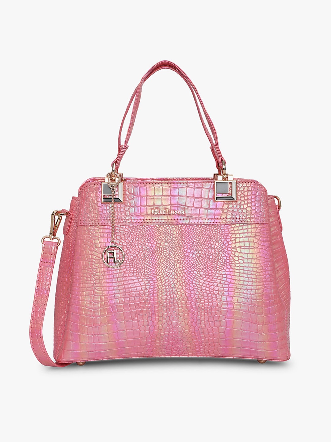 

PELLE LUXUR Textured PU Structured Handheld Bag, Pink