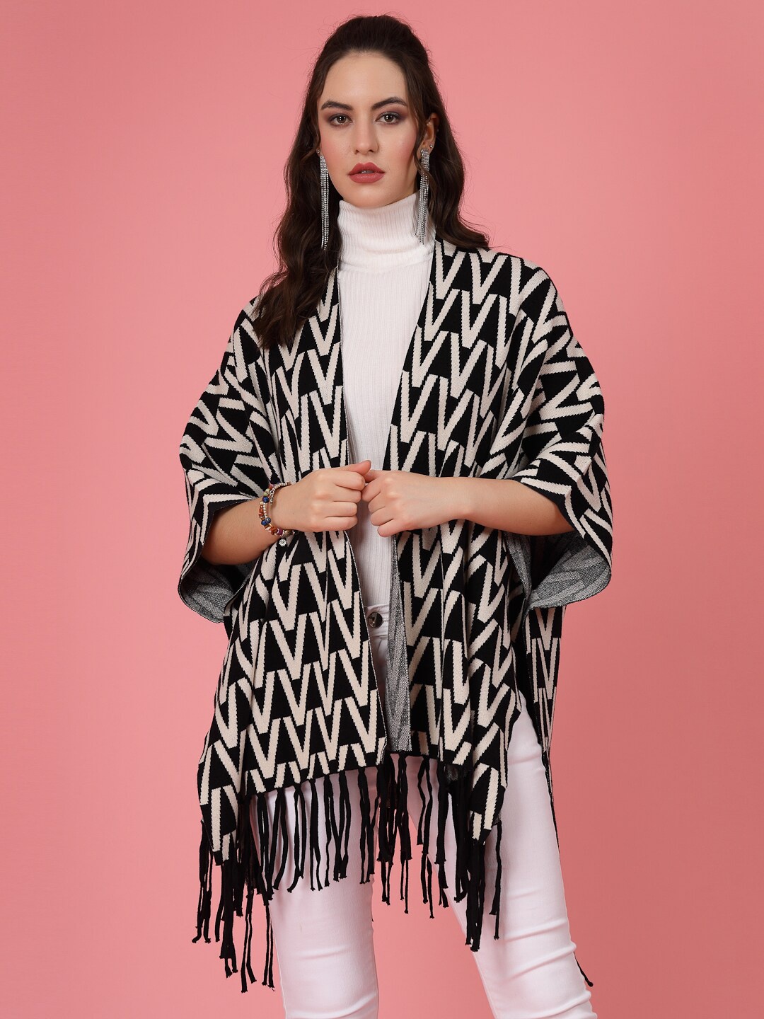 

Mafadeny Chevron Printed Longline Poncho, Black
