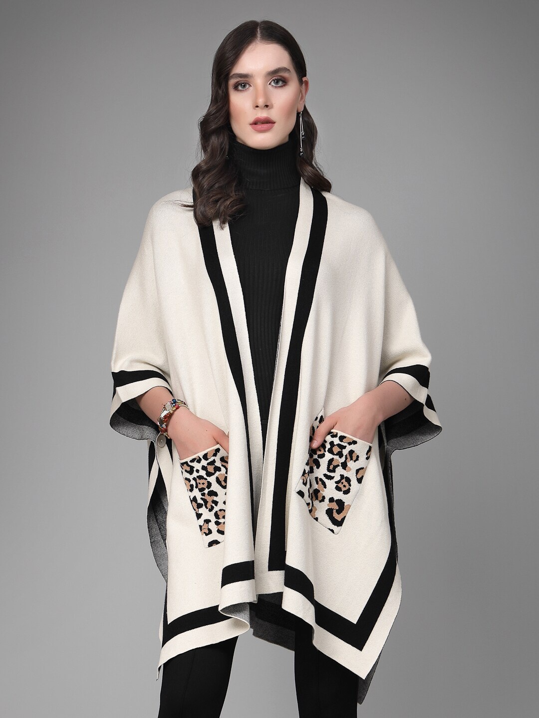 

Mafadeny Lapel Collar Longline Poncho Sweaters, Cream