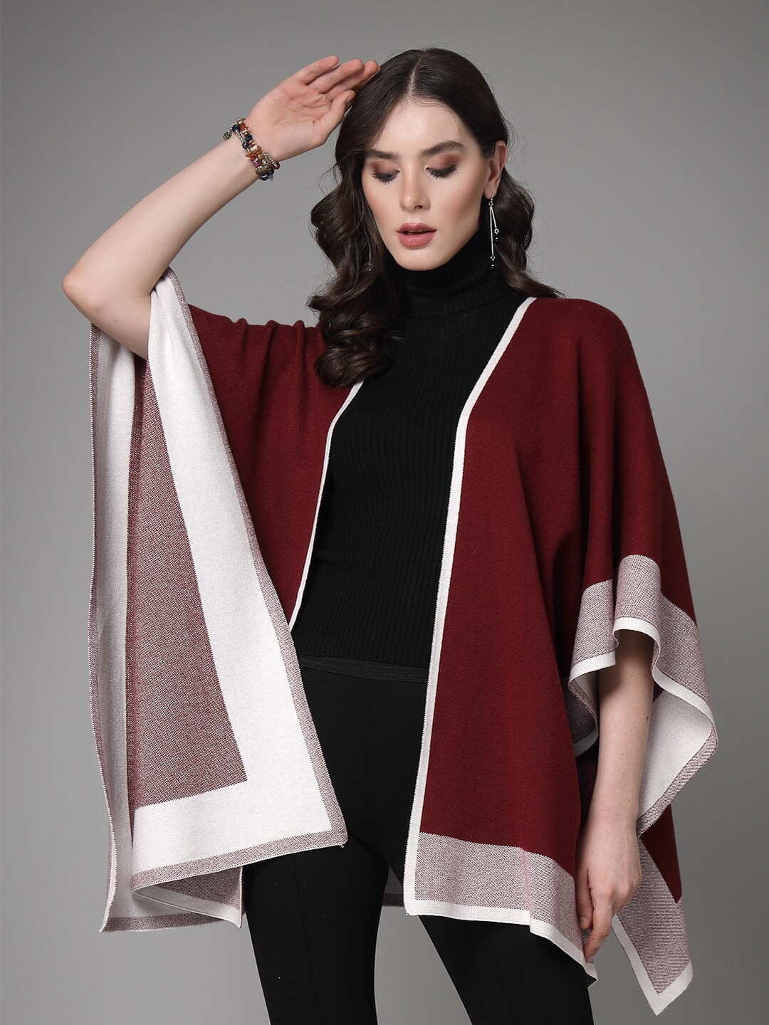 

Mafadeny Lapel Collar Poncho, Maroon