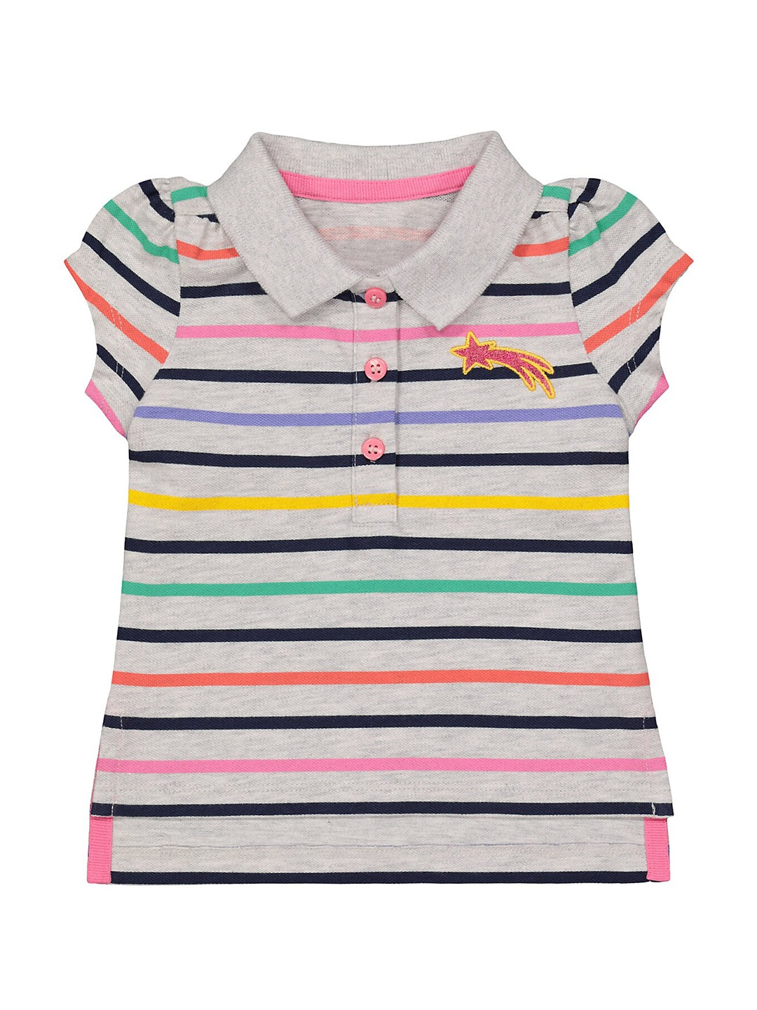 

mothercare Girls Striped Polo Collar Cap Sleeve Pure Cotton T-shirt, Grey melange