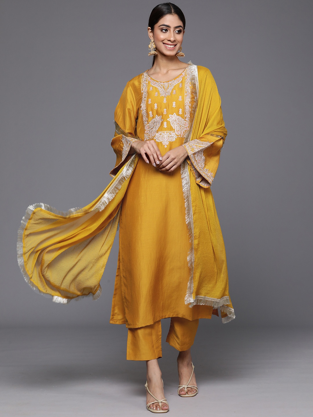 

Varanga Floral Zari Embroidered Kurta with Trousers & Dupatta, Mustard
