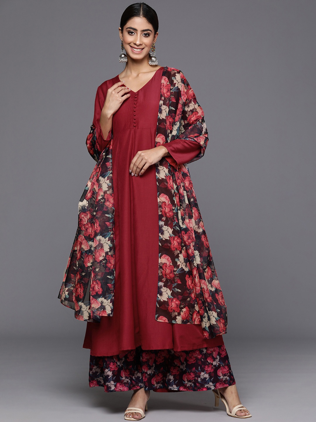

Varanga Floral Anarkali Kurta with Palazzos & Dupatta, Maroon