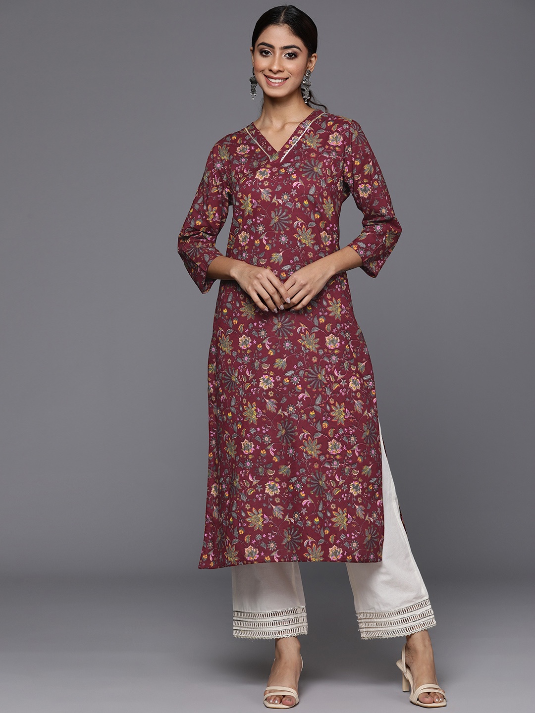 

Varanga Floral Printed Gotta Patti Pure Cotton Kurta, Maroon