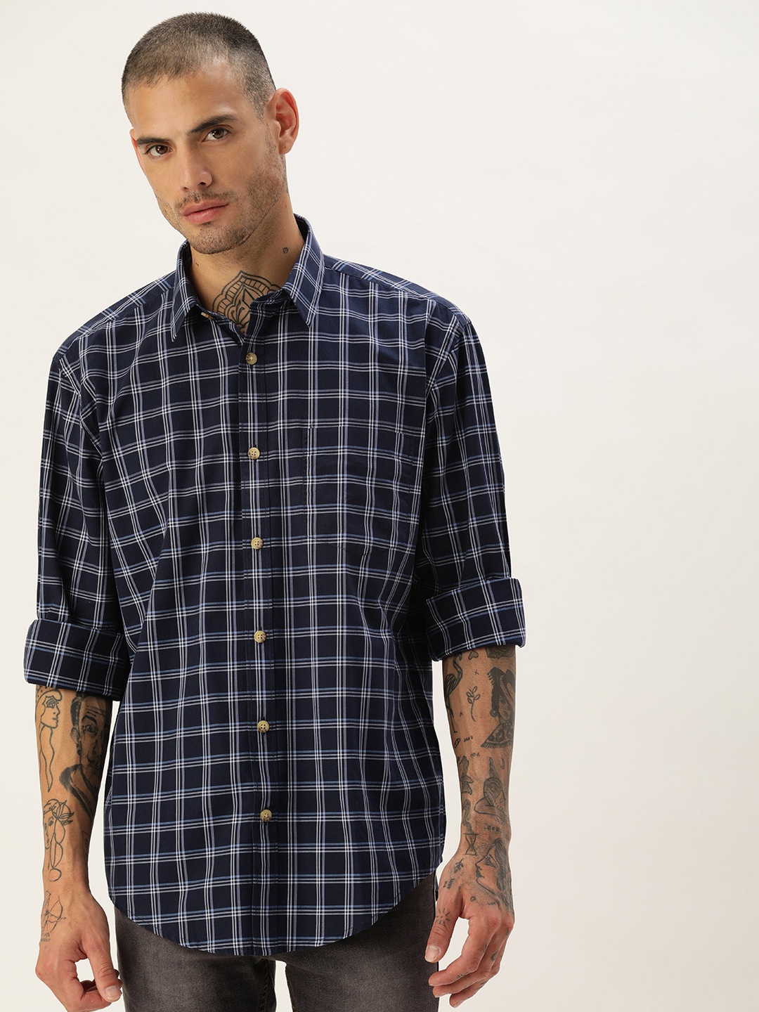 

Burnt Umber Men Classic Opaque Checked Casual Shirt, Navy blue