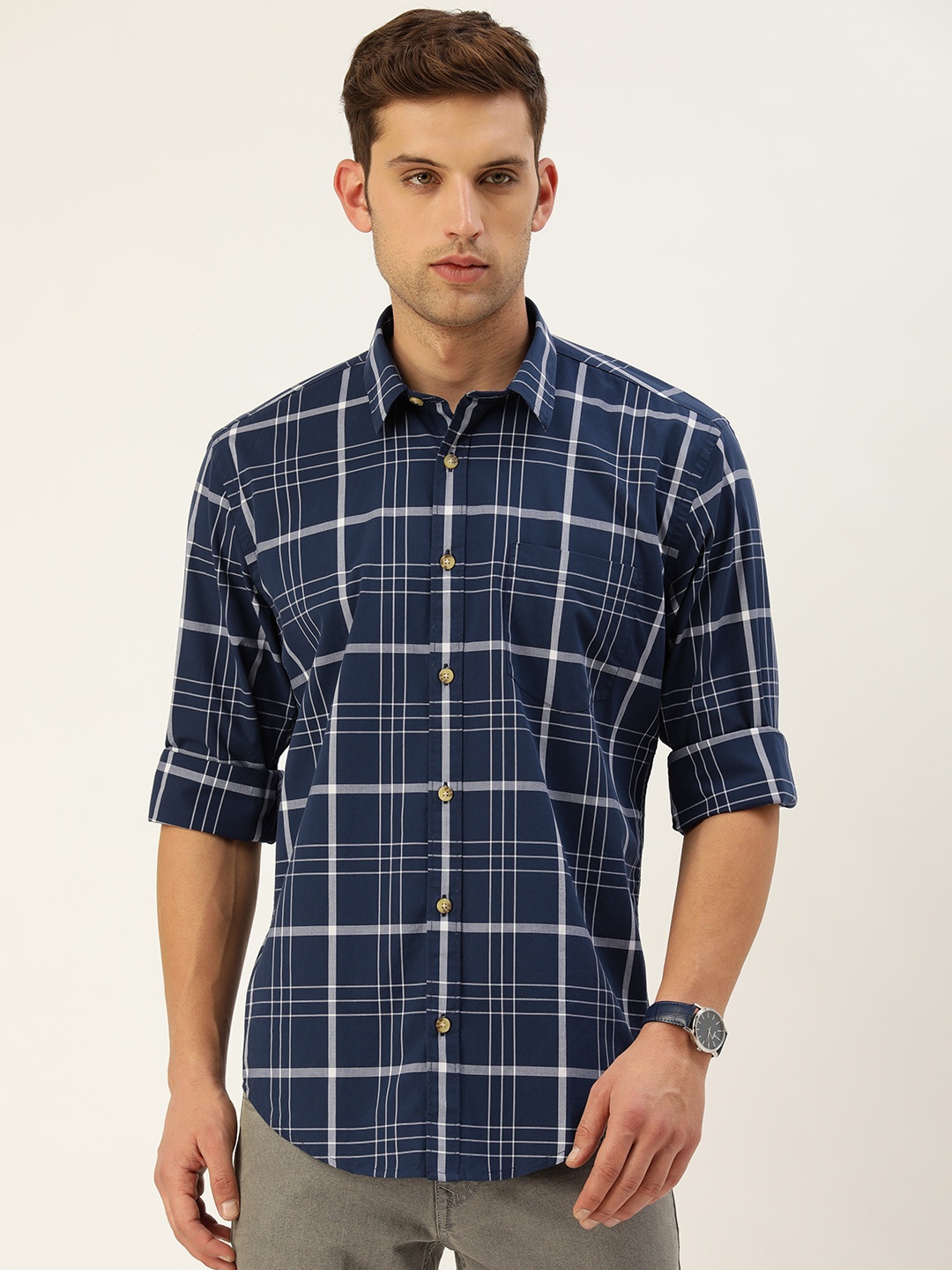 

Burnt Umber Men Classic Opaque Checked Casual Shirt, Blue