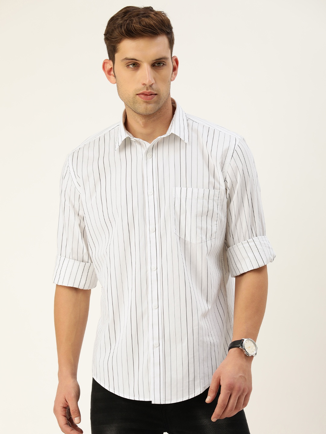 

Burnt Umber Men Classic Opaque Striped Casual Shirt, White