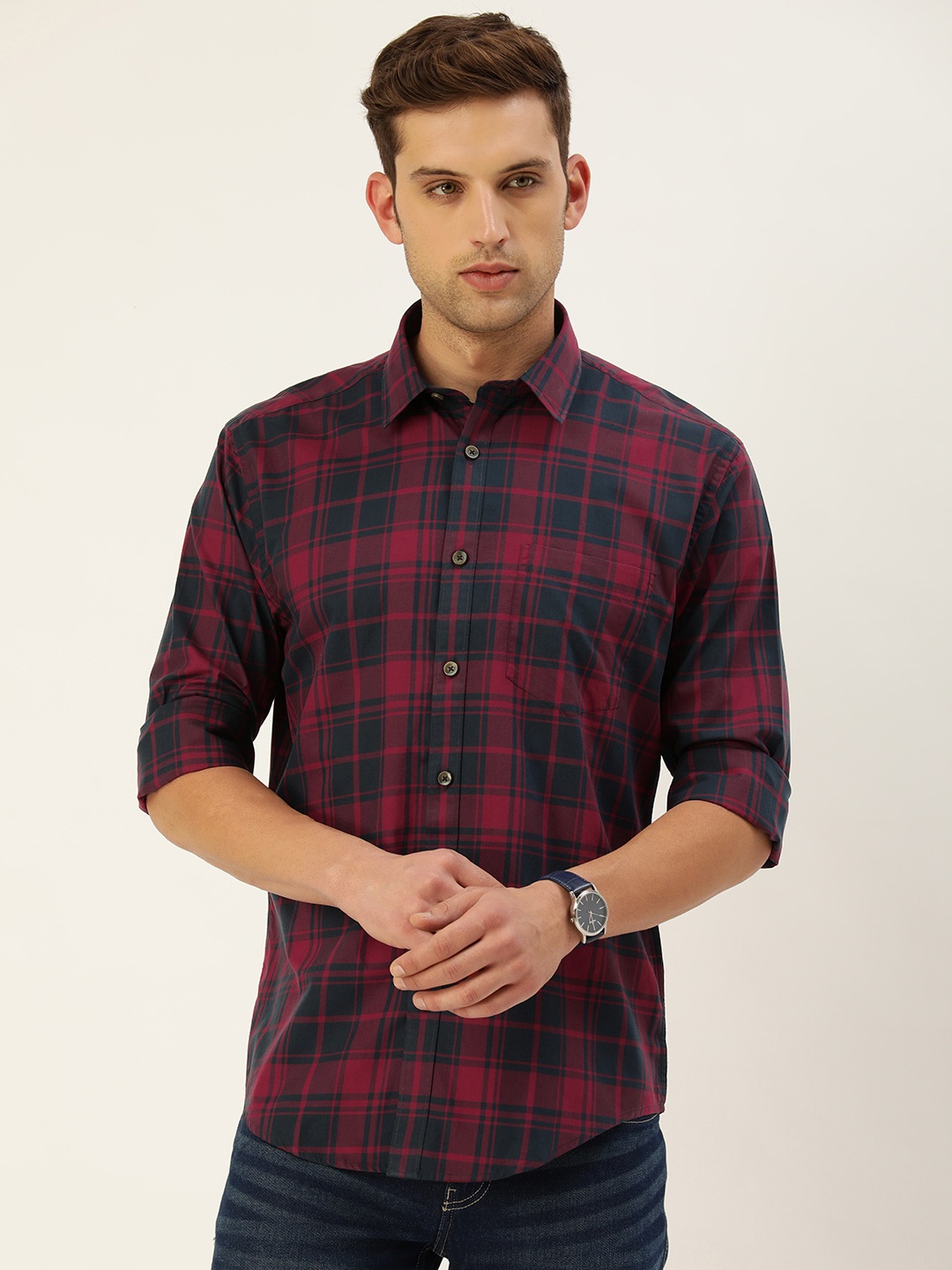 

Burnt Umber Men Classic Opaque Checked Casual Shirt, Navy blue