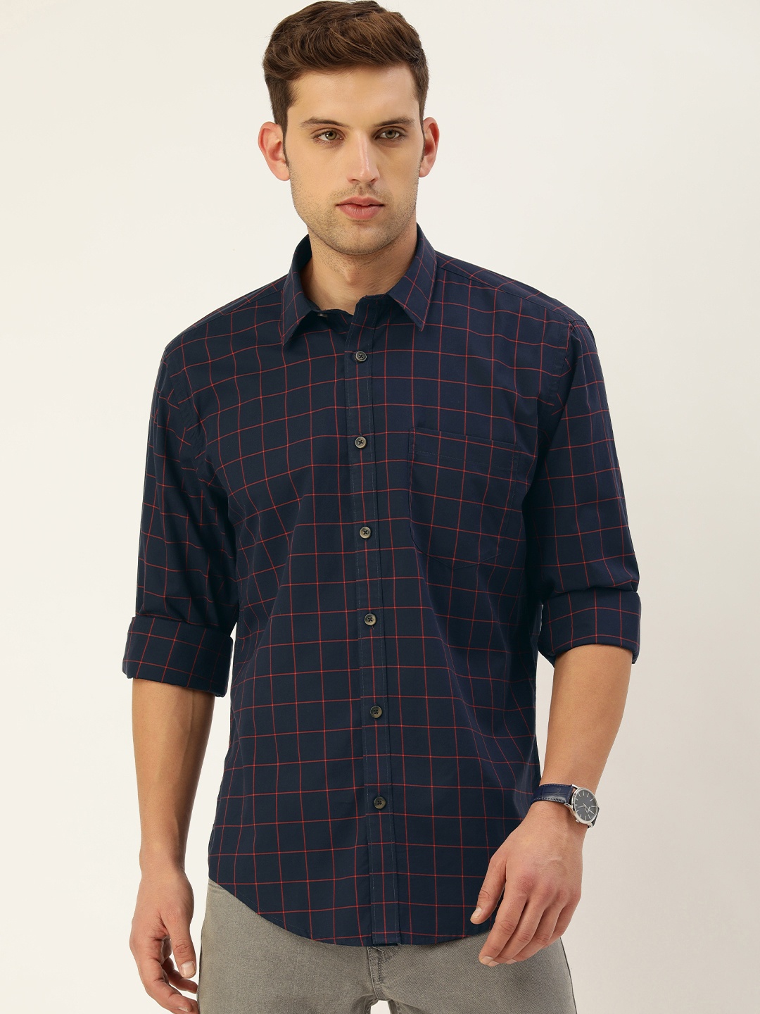 

Burnt Umber Men Classic Opaque Checked Casual Shirt, Navy blue