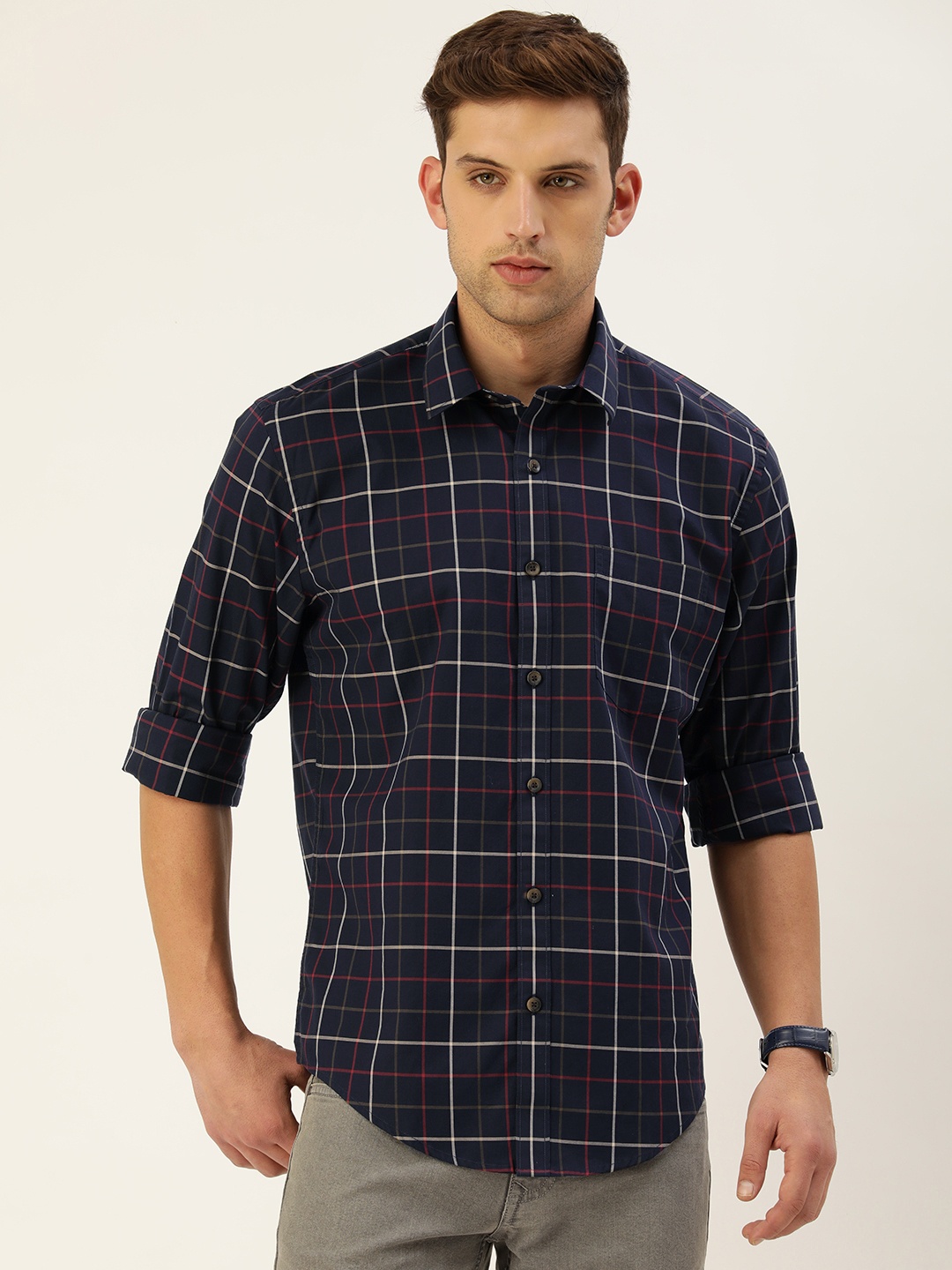 

Burnt Umber Men Classic Opaque Checked Casual Shirt, Blue