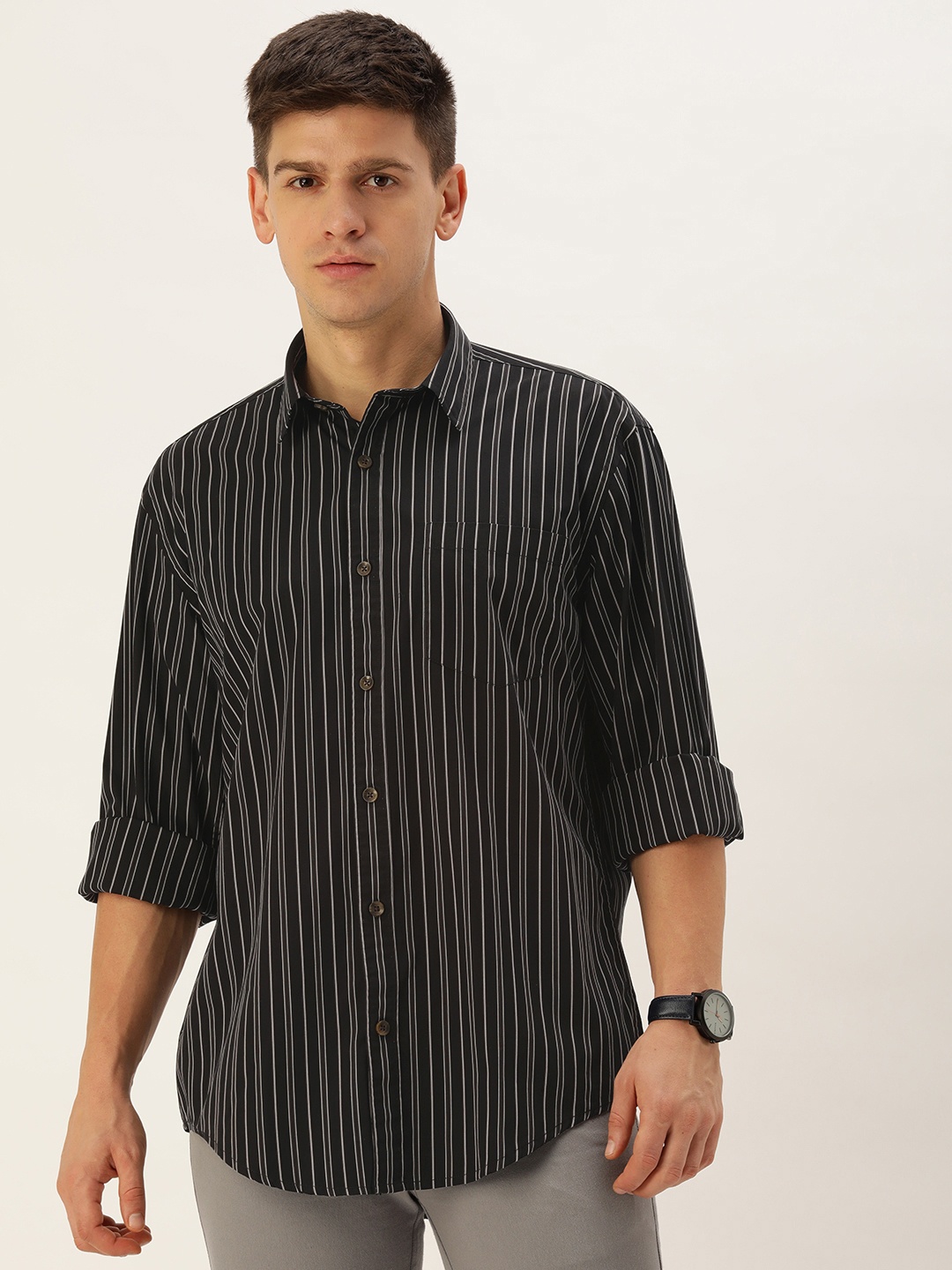 

Burnt Umber Men Classic Opaque Striped Casual Shirt, Black