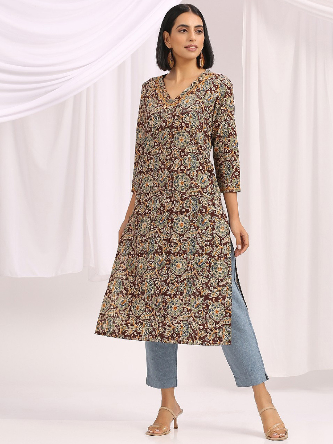 

OKHAI Kalamkari Printed V-Neck Pure Cotton Straight Kurta, Brown