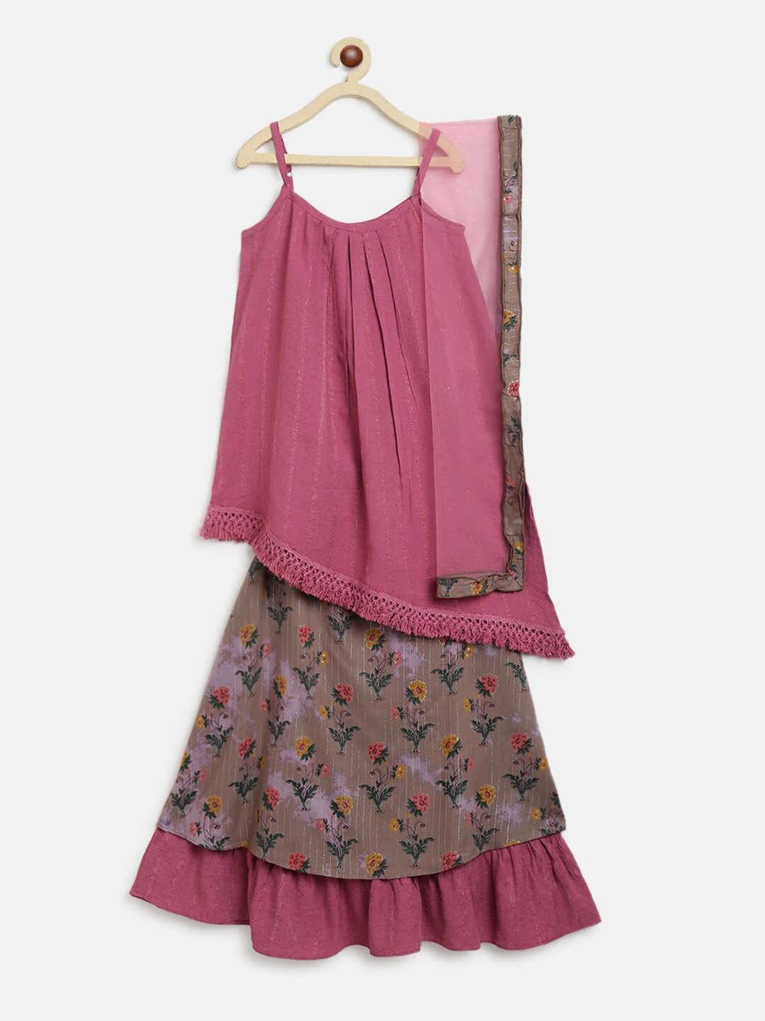 

TALES & STORIES Girls Sleeveless Top & Skirt With Dupatta, Pink