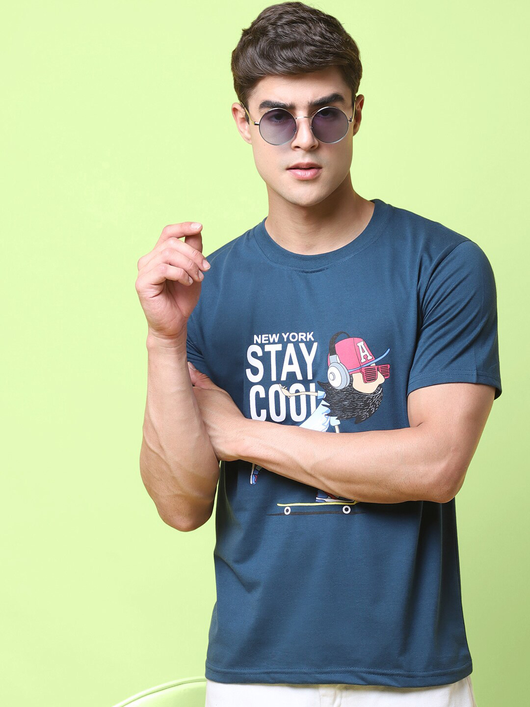 

7Threads Graphic Printed Cotton T-shirt, Navy blue