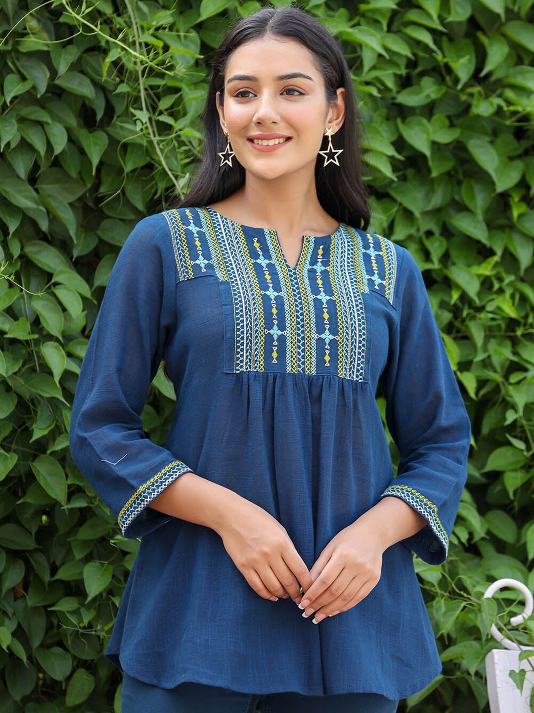 

KAAJH Ethnic Motifs Embroidered Cotton Tunic, Navy blue