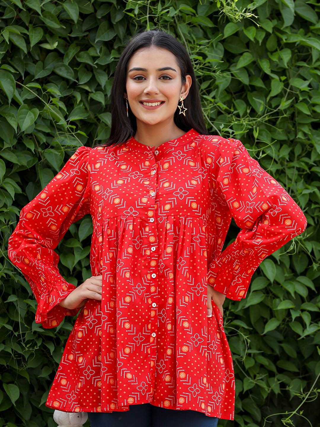 

KAAJH Ethnic Motifs Printed Mandarin Collar Pleated Pure Cotton Casual Tunic, Red