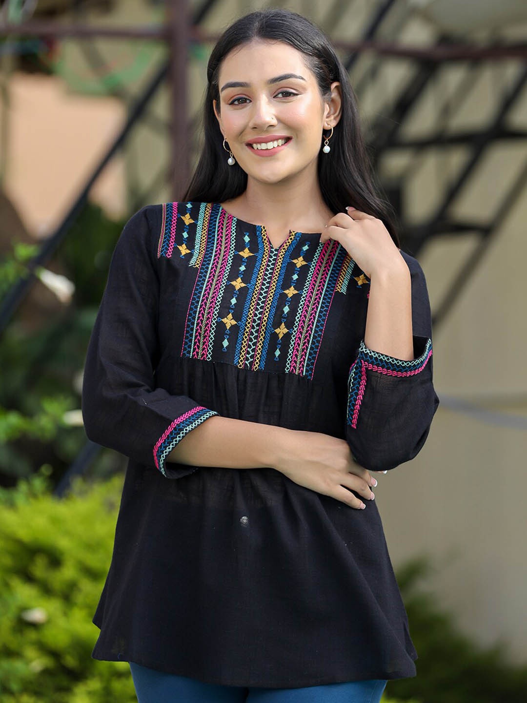 

KAAJH Ethnic Motifs Embroidered High Neck Gathered Pure Cotton Casual Tunic, Black