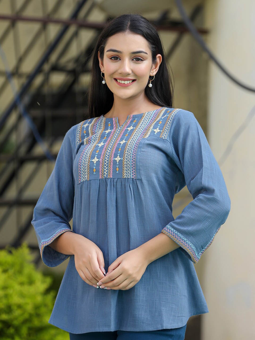 

KAAJH Ethnic Motifs Embroidered Cotton Tunic, Blue