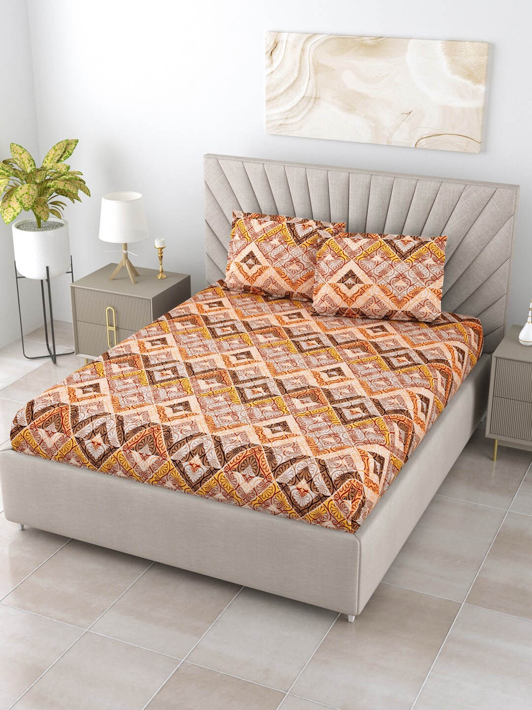 

BOMBAY DYEING Epigram Brown Ethnic Motifs Cotton 120 TC King Bedsheet With 2 Pillow Covers