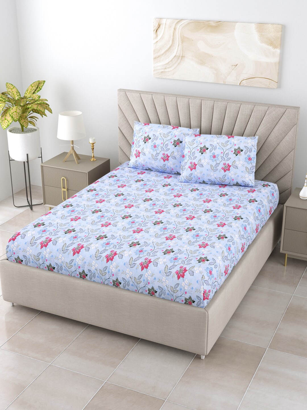 

BOMBAY DYEING Epigram Blue & Pink Floral Cotton 120 TC King Bedsheet With 2 Pillow Covers