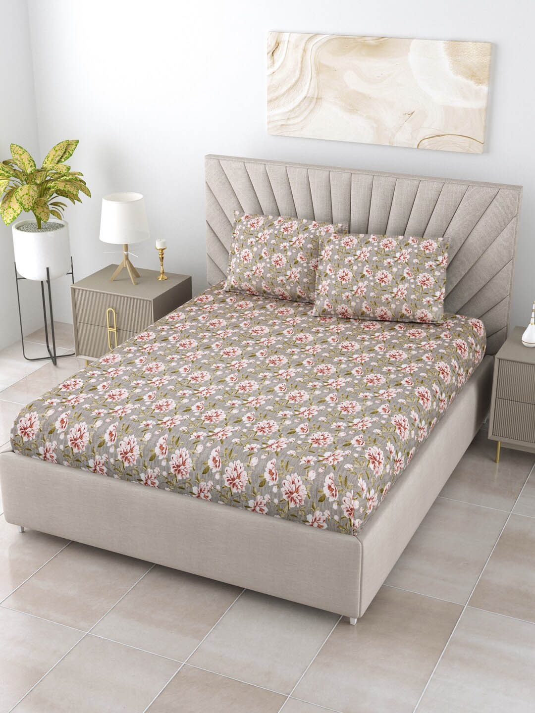 

BOMBAY DYEING Epigram Grey & Green Floral Cotton 120 TC King Bedsheet With 2 Pillow Covers