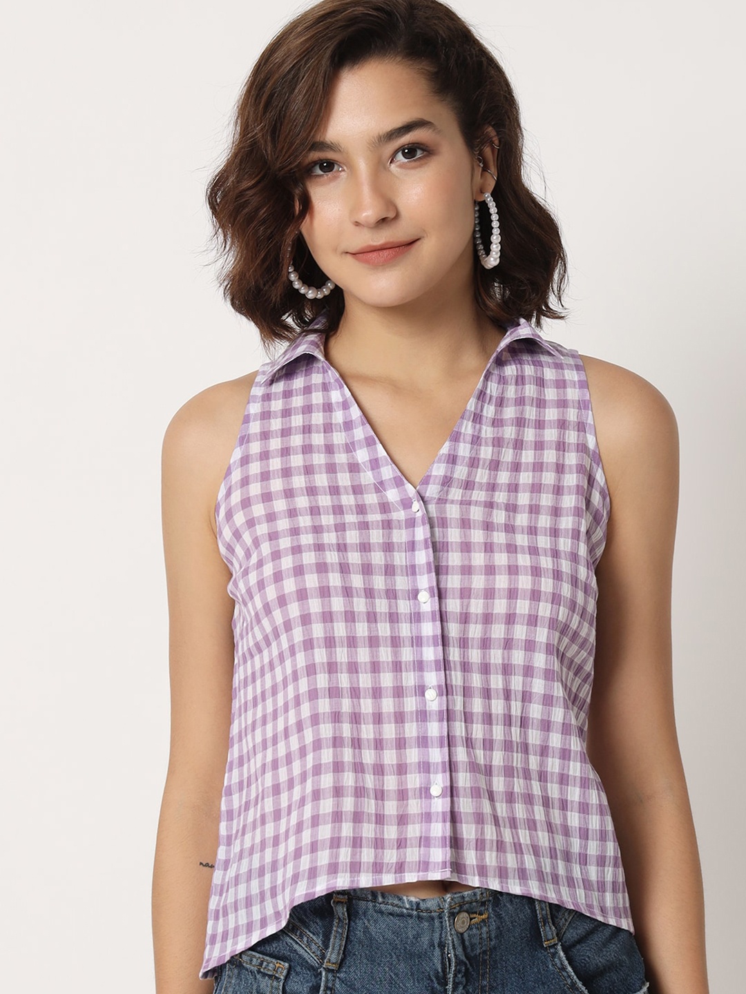 

CHARMGAL Checked Sleeveless Cotton Shirt Style Top, Purple