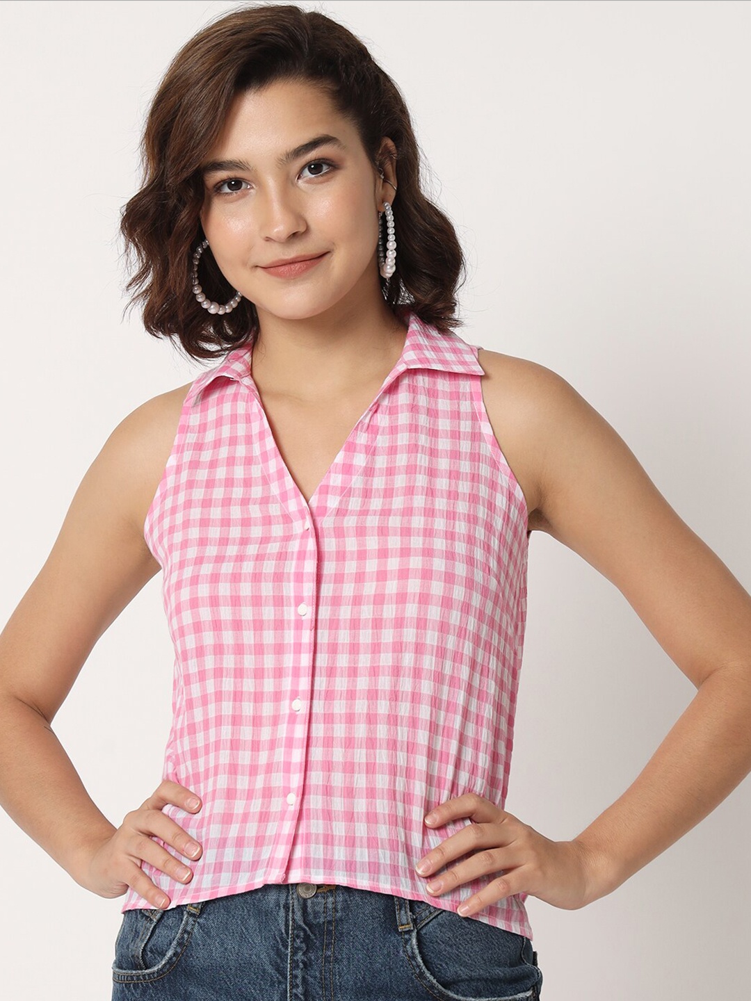 

CHARMGAL Checked Sleeveless Cotton Shirt Style Top, Pink