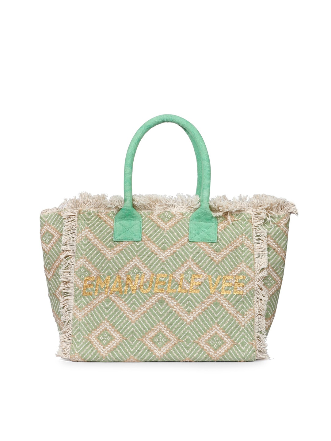 

Favore Geometric Self Design Structured Handheld Bag with Fringed Detail, Green