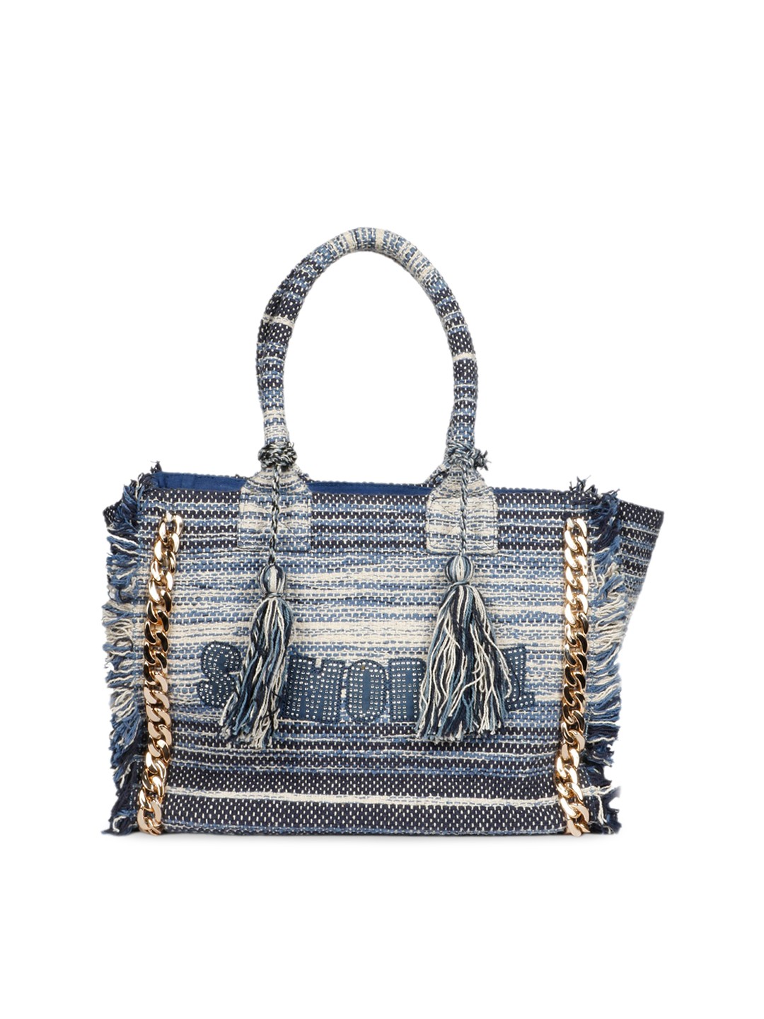 

Favore Textured Self Design Handheld Bag with Fringed Details, Blue
