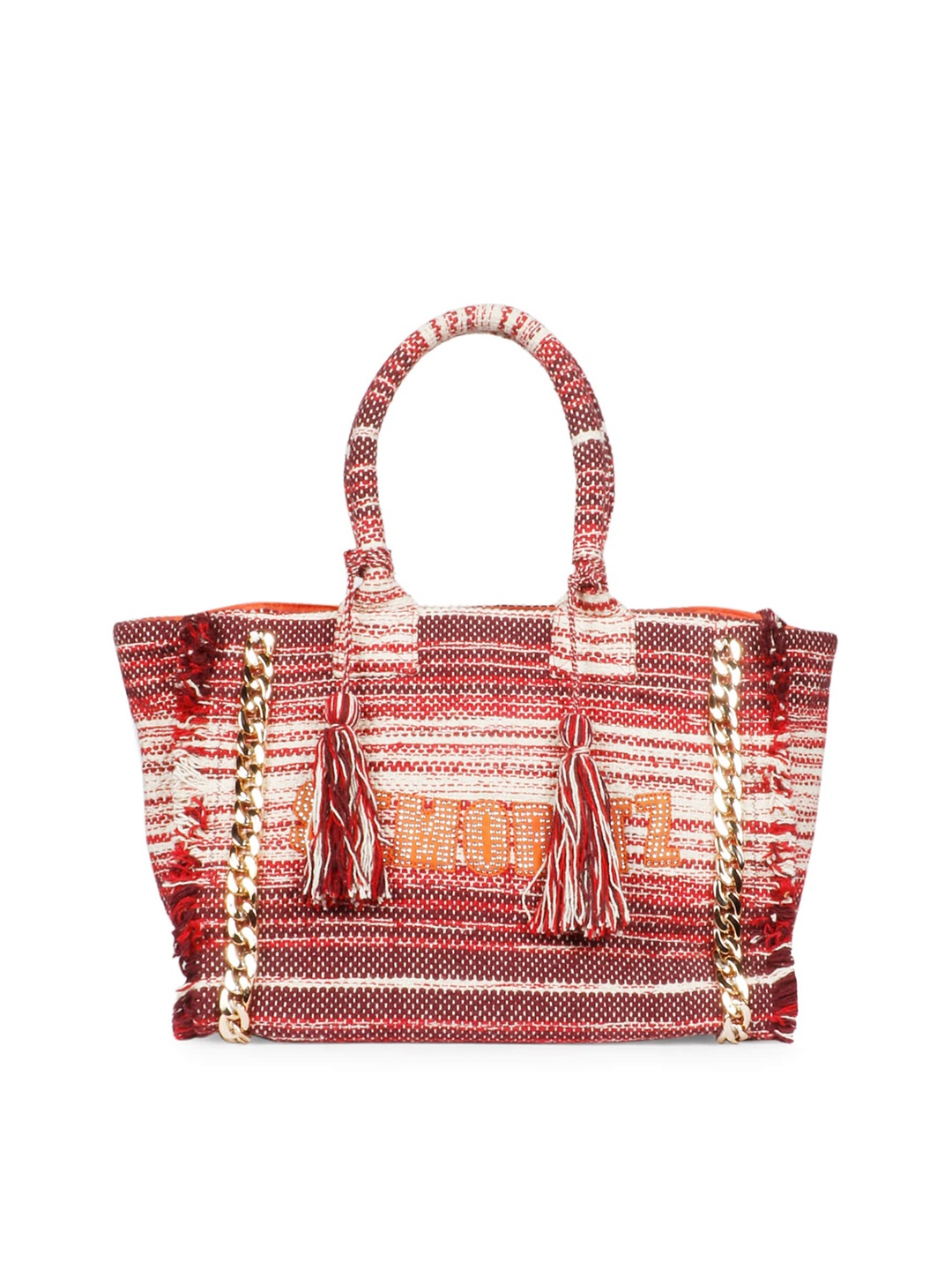 

Favore Textured Self Design Handheld Bag with Fringed Details, Red