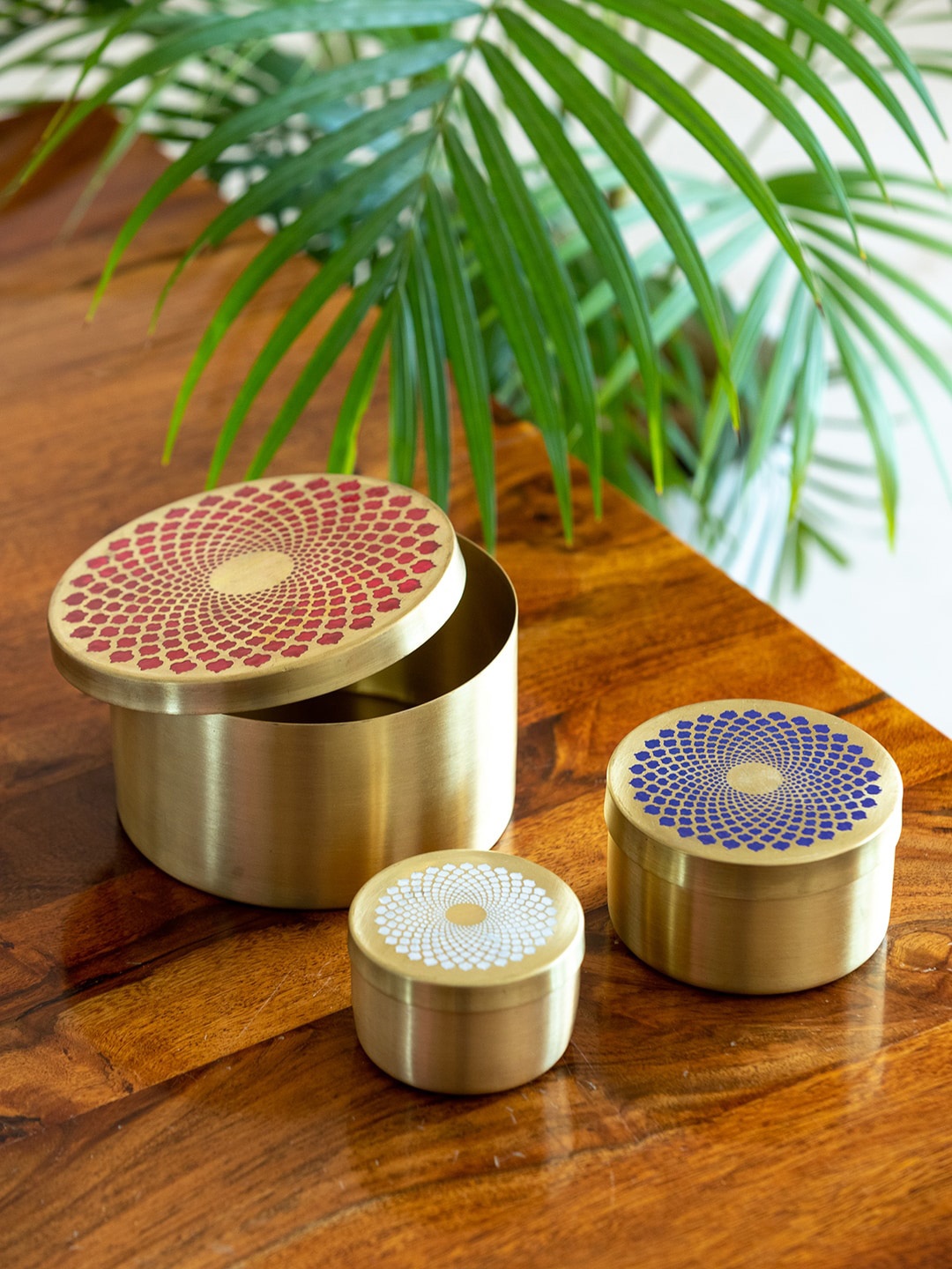 

ExclusiveLane Red & Blue 3-Pieces Printed Brass Jars & Containers 1.8 L 360ml 180ml, Gold