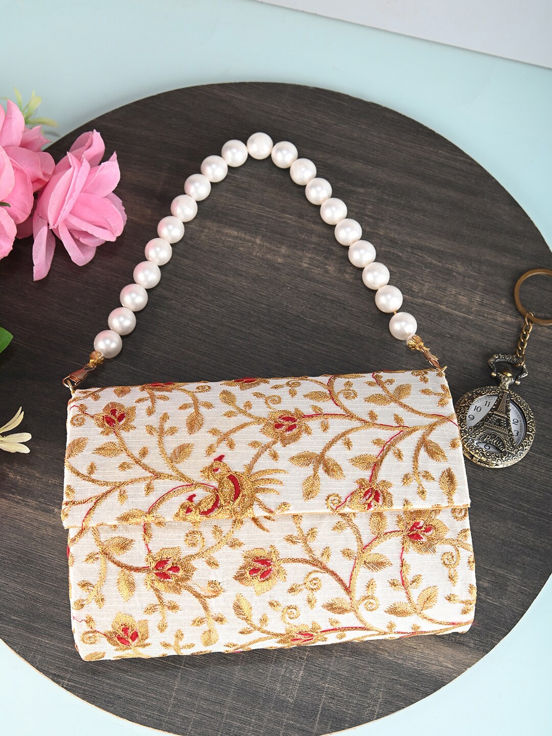 

gaura pakhi Embroidered Wrist Loop Purse, White