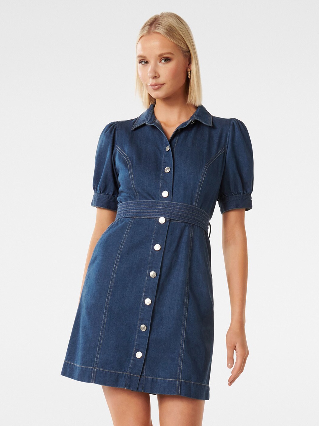 

Forever New Denim Puff Sleeves Shirt Style Mini Dress, Navy blue