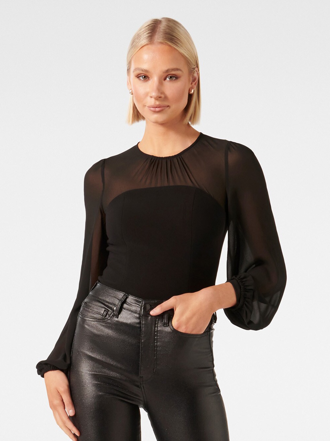 

Forever New Puff Sleeves Fitted Top, Black