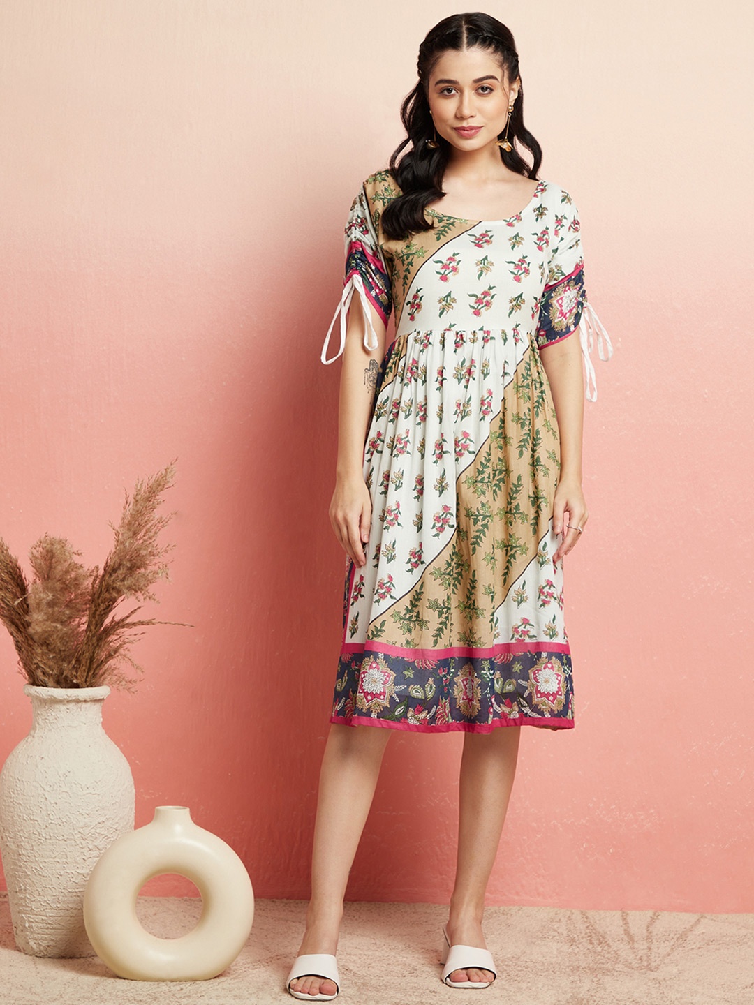 

AKS White Ethnic Motifs Printed Gathered Cotton A-Line Dress