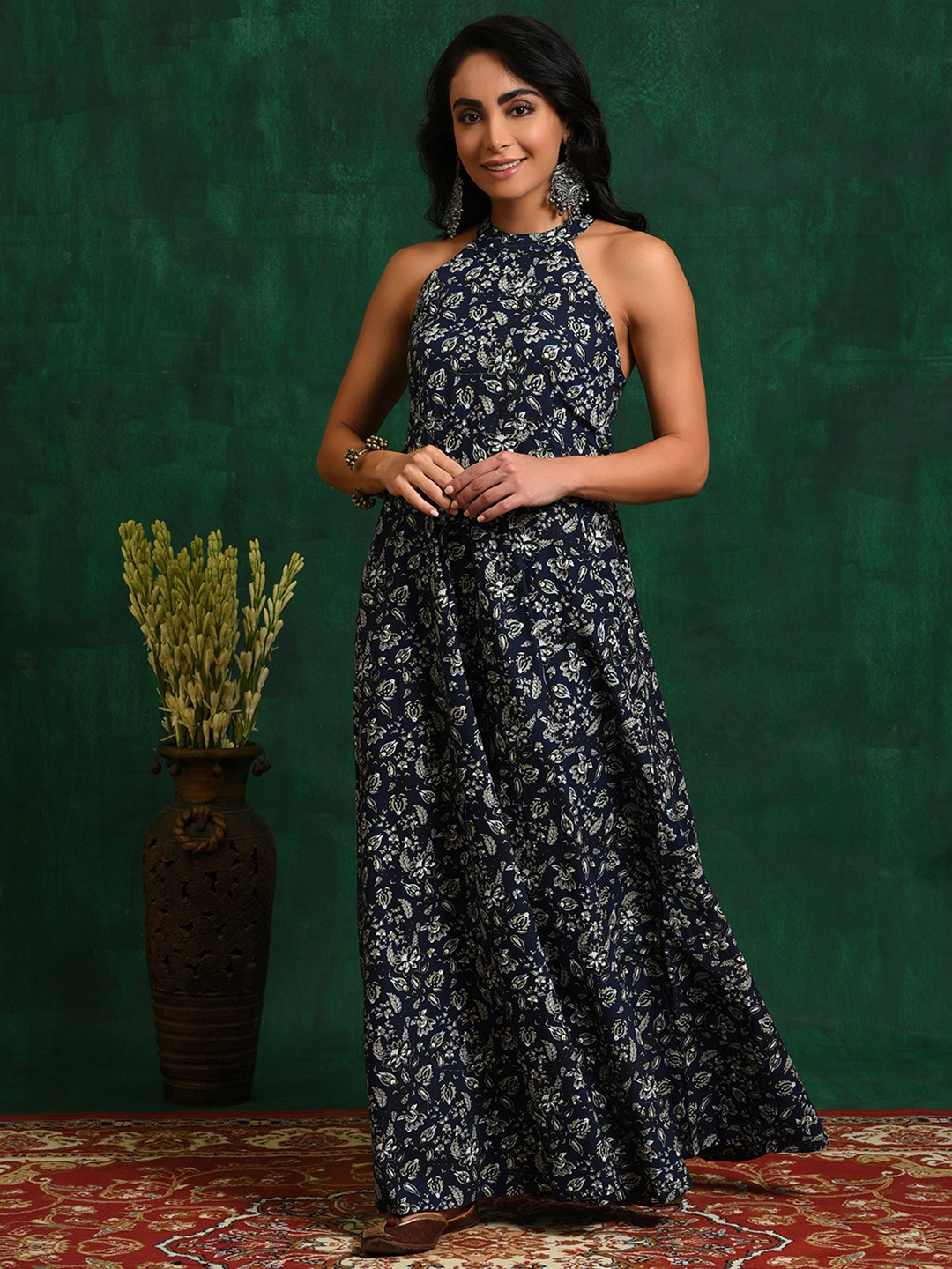 

AKS Navy Floral Printed Cotton Maxi Dress, Navy blue