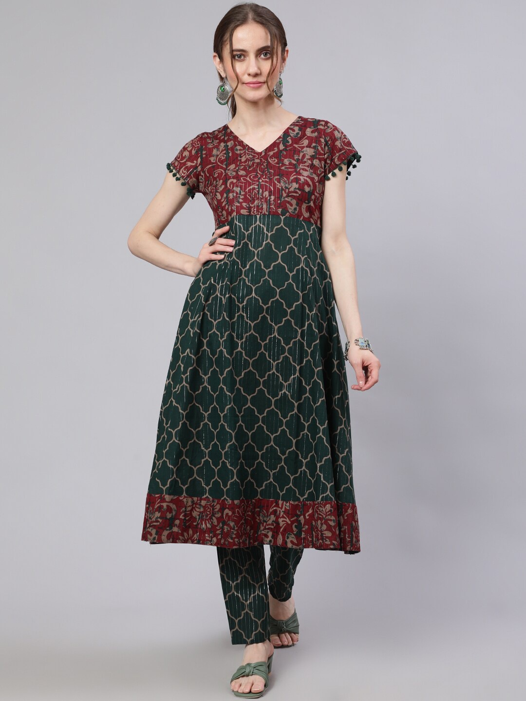 

AKS Ethnic Motifs Printed Pure Cotton Anarkali Kurta, Green