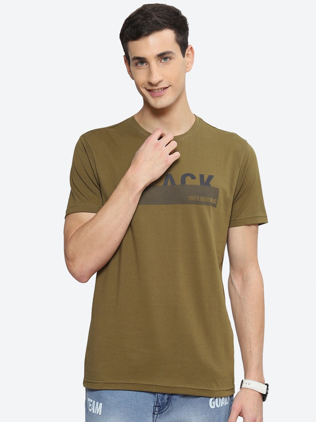 

2Bme Typography Printed Round Neck Short Sleeve Pure Cotton Regular T-shirt, Olive