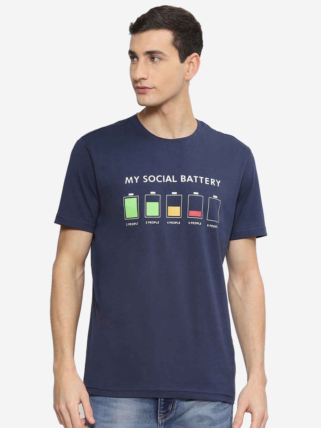 

2Bme Typography Printed Round Neck Short Sleeve Pure Cotton Regular T-shirt, Navy blue