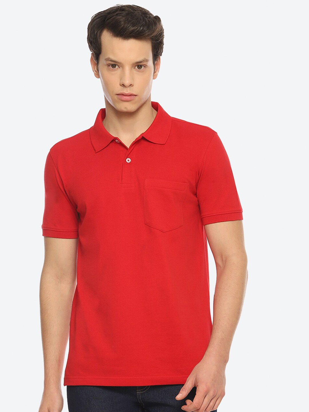 

2Bme Polo Collar Short Sleeve Pockets Pure Cotton Regular T-shirt, Red