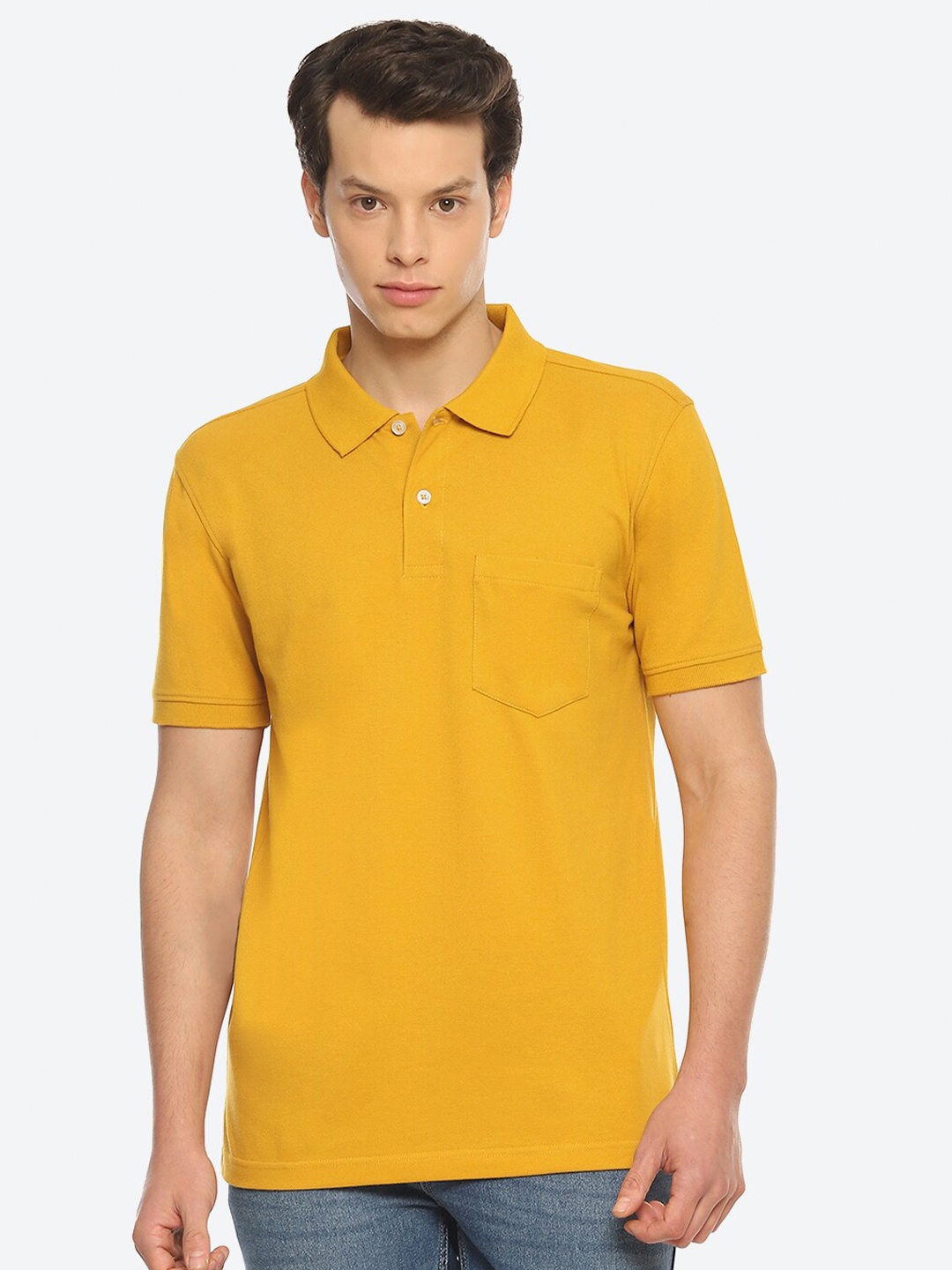 

2Bme Polo Collar Short Sleeve Pockets Pure Cotton Regular T-shirt, Mustard