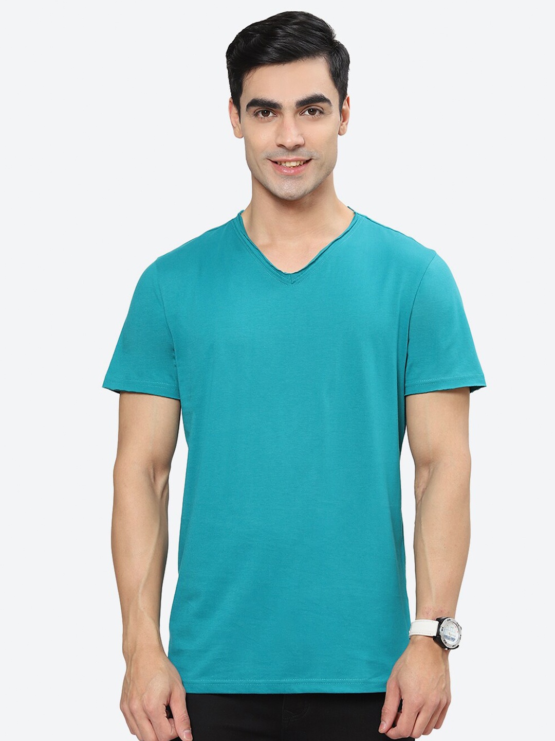 

2Bme V-Neck Short Sleeve Pure Cotton Regular T-shirt, Blue