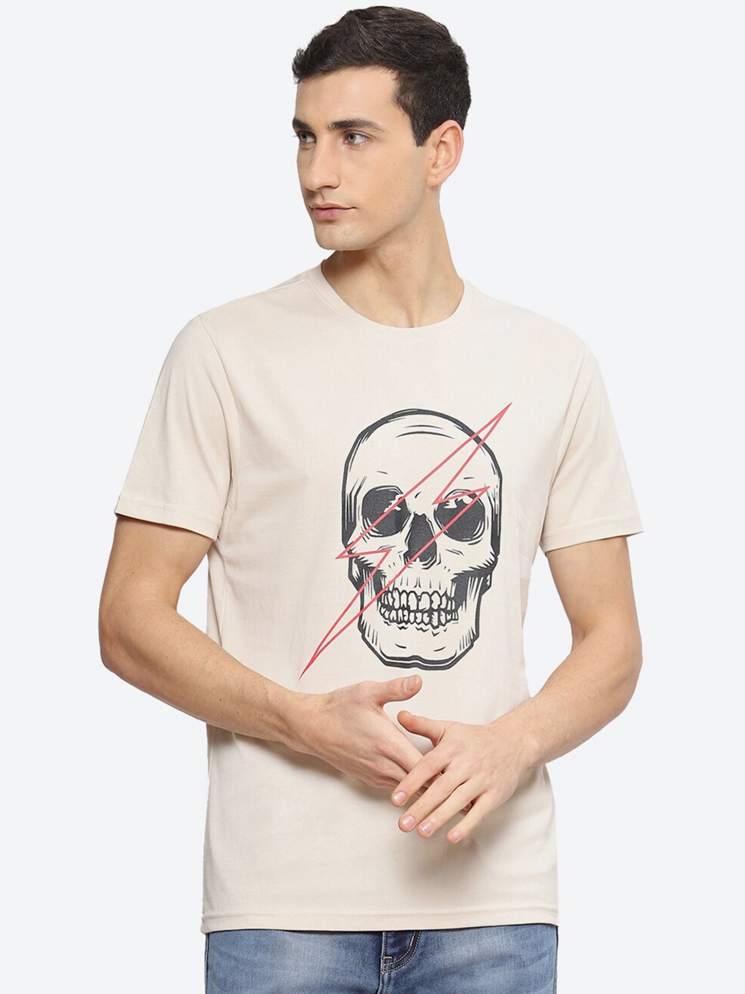 

2Bme Graphic Printed Round Neck Short Sleeve Pure Cotton Regular T-shirt, Nude